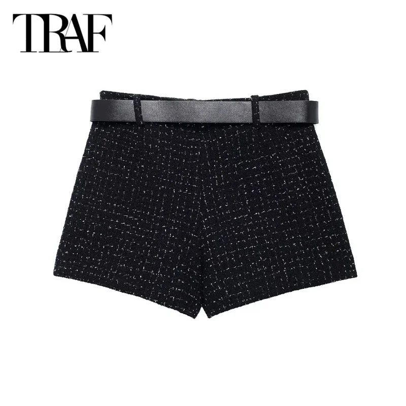 TRAF Women's Skirt Pants Belt Black Shorts Women Mid Waist Plaid Skirt Shorts Autumn Casual Mini Skirt Pants Tweed Short Skirt