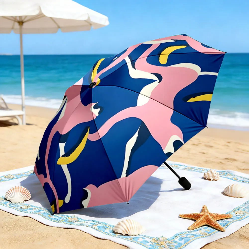 1PC Colorful Umbrella with Artistic Patterns by the Lake Print 8 Iron Ribs Folding Umbrella Auto-Open Fashion Sunshade
