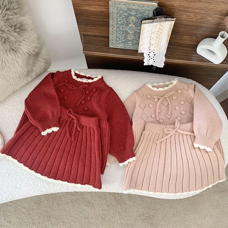 

2024 New Autumn Toddler Baby Girl Knitted Clothes Suit Long Sleeved Knitted Pullover+Short Skirt Infant Baby Girls Clothing Set