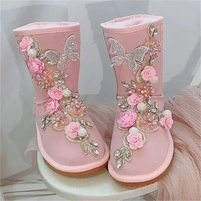 Heavy three-dimensional flower rhinestone gemstone beaded sequin pearl fur one snow boots Hand beaded pink boots 35-39