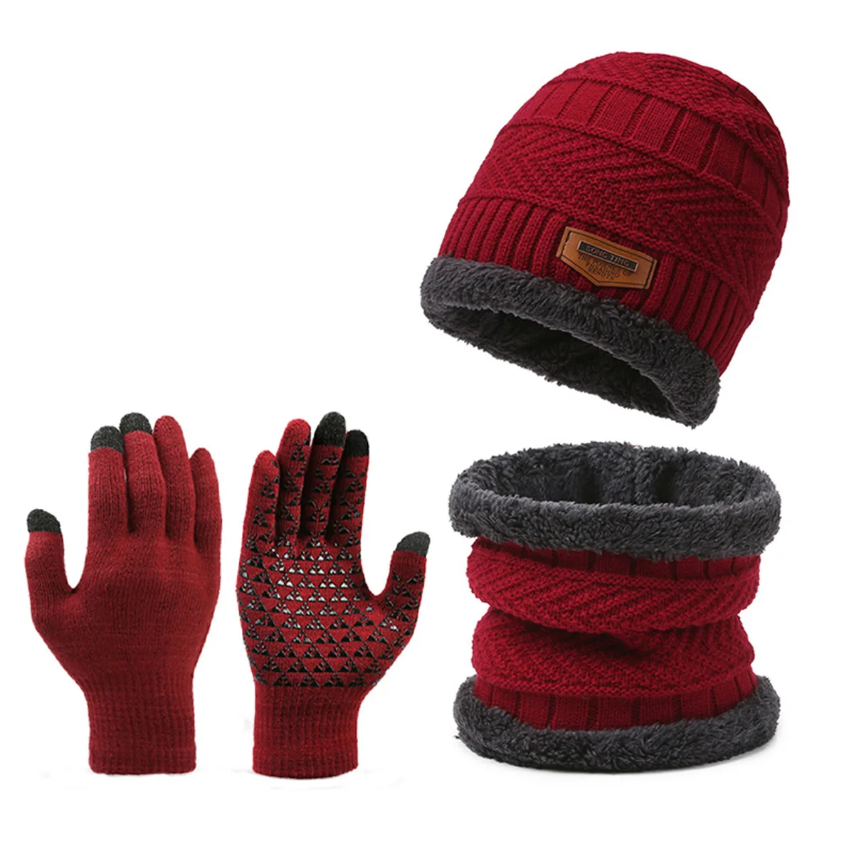 Winter Knit Beanie Hat Neck Warmer Scarf And Touch Screen Gloves Set Fleece Lined Skull Cap For Men Women Outdoor