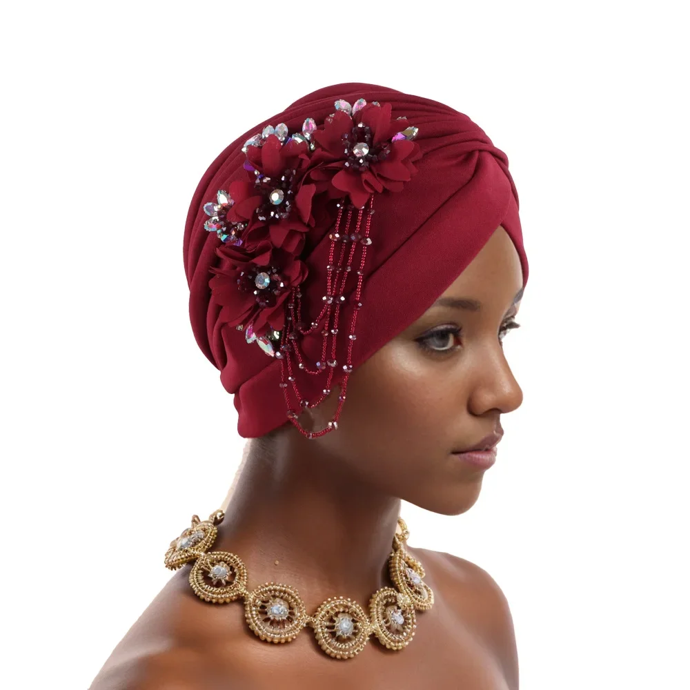 

2025 Diamonds Turban Cap for Women Tassel Pleated Head Wrap African Headscarf Bonnet Muslim Hijab Auto Gele Nigeria Wedding Hat