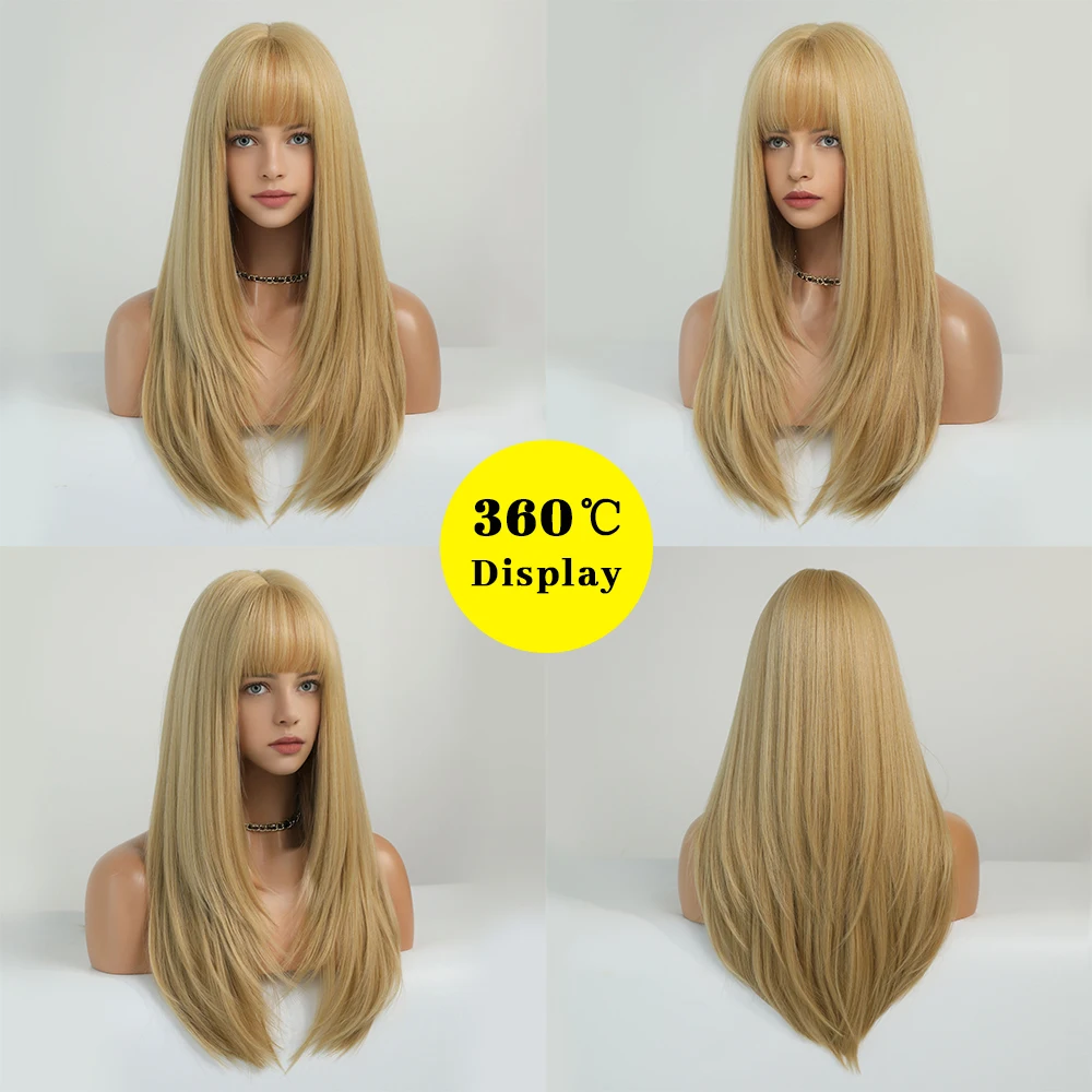 Blonde Long Straight Hair Wig Women Wig with Bangs Heat Resistant Synthetic Wig Halloween Cosplay Daily Natural Fake Hair