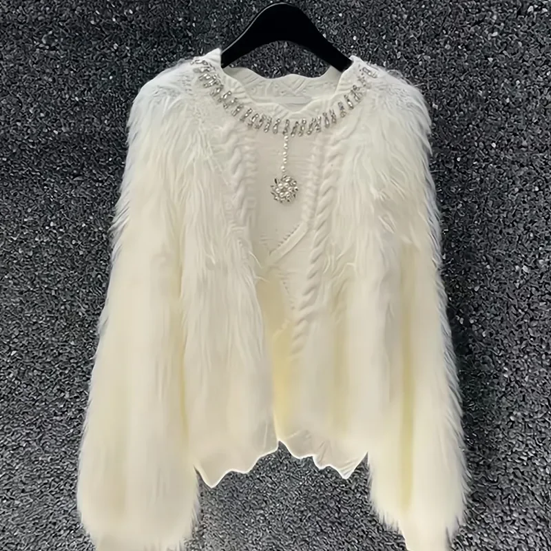 

Heavy Industry Diamond-Encrusted White Long-Sleeved Sweater Women's Autumn Winter New Chic Loose Slim Knit Pullover Coat Tops