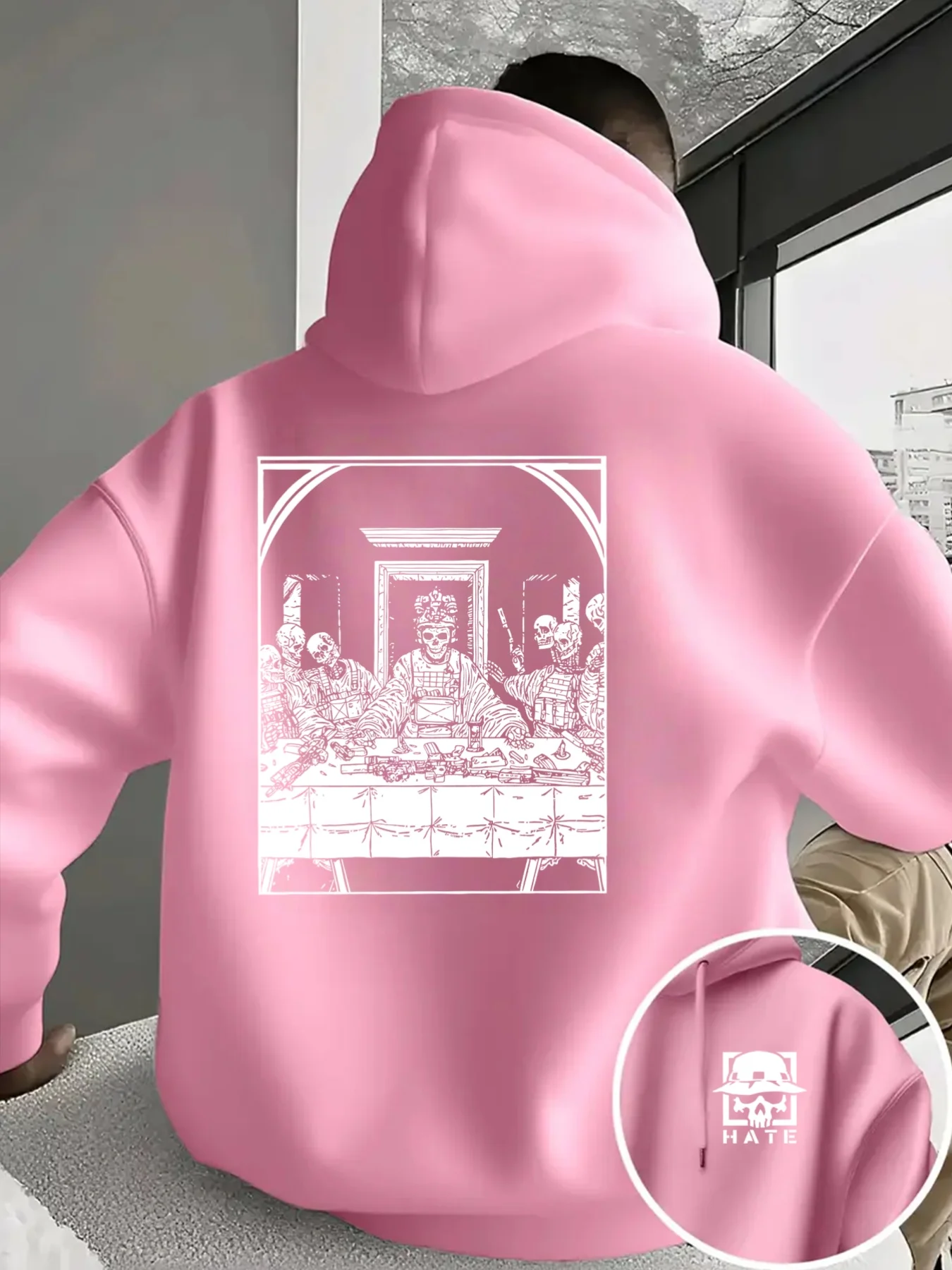 Herren Sport Hip-Hop Hoodie mit Skelett-Last-Supper-Rückendruck, Streetwear, lockerer Fleece-Pullover, lässiges Herren-Outfit – Detail 5