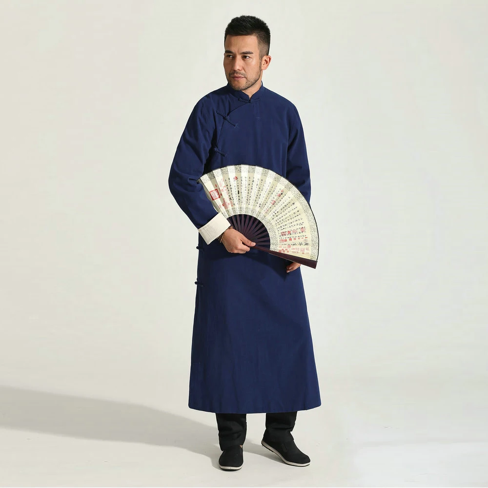 

Chinese Men Long Tunic Outerwear Blue Cotton Traditional Clothes Mandarin Collar White Cuff Design Costume Oriental Garment 2024