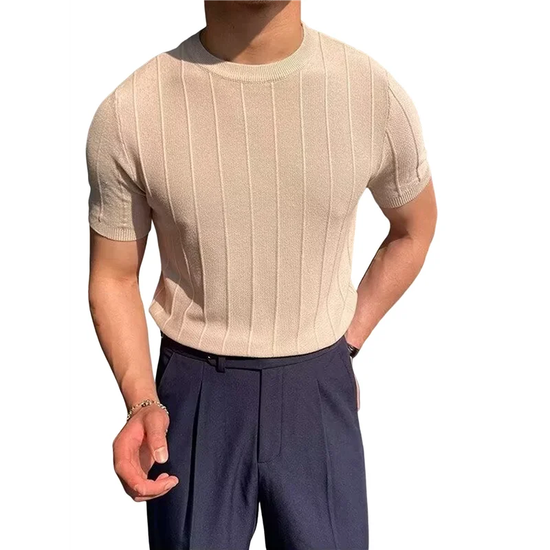 

ABRT-Мужская рубашка с круглым вырезом и коротким рукавом, тонкий низ, повседневный вязаный пуловер в рубчик, однотонная футболка