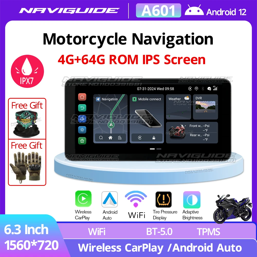 NAVIGUIDE A601 6.3'' Android12 4G+64G Carplay Auto Motorcycle GPS Navigation Waterproof Portable Screen 1560*720 Moto Monitor BT