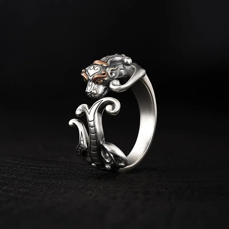 الرجعية القديمة Chilong خاتم الرجال التايلاندية الفضة الدائري الاتجاه الوطني التصميم الإبداعي الراقية افتتاح حلقة #2