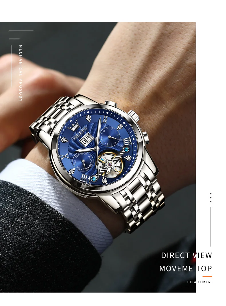 OLEVS 9910 Brand Original Authentic Watches for Man Luxury Gift Box Steel Belt Multifunctional Tourbillon Mechanical Men's Watch