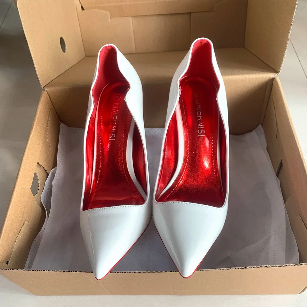 Women Sexy 12cm Pumps Stilettos Glossy Patent Red White Side V Cut High Heels Pointed Toe Wedding Curl Cut Black Dress Shoes