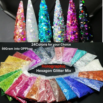 24 kleuren holografische laser nagel glitter mix zeshoek dikke glitter paillette vorm voor nail art lichaamsmake-up ambachtelijke schmink -50g
