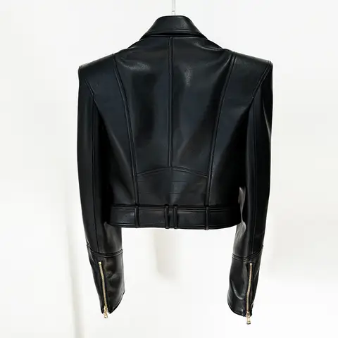 High quality 2025 designer fashion personality shrugged double breasted zipper short women's motorcycle leather jacket