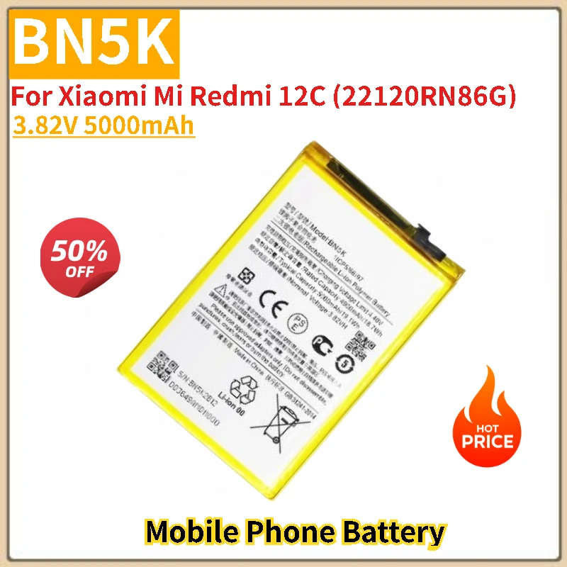 

High Capacity Phone Battery BN5K 3.82V 5000mAh For Xiaomi Mi Redmi 12C (22120RN86G) Brand-New High Quality Replacement Battery