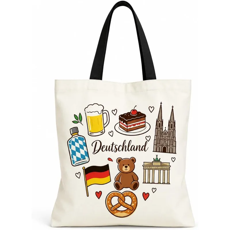Cute Deutschland Germany Element Print Canvas Tote Bag Landmark Beer Pretzel Bear Pattern Reusable Shoulder Handbag Travel Gifts