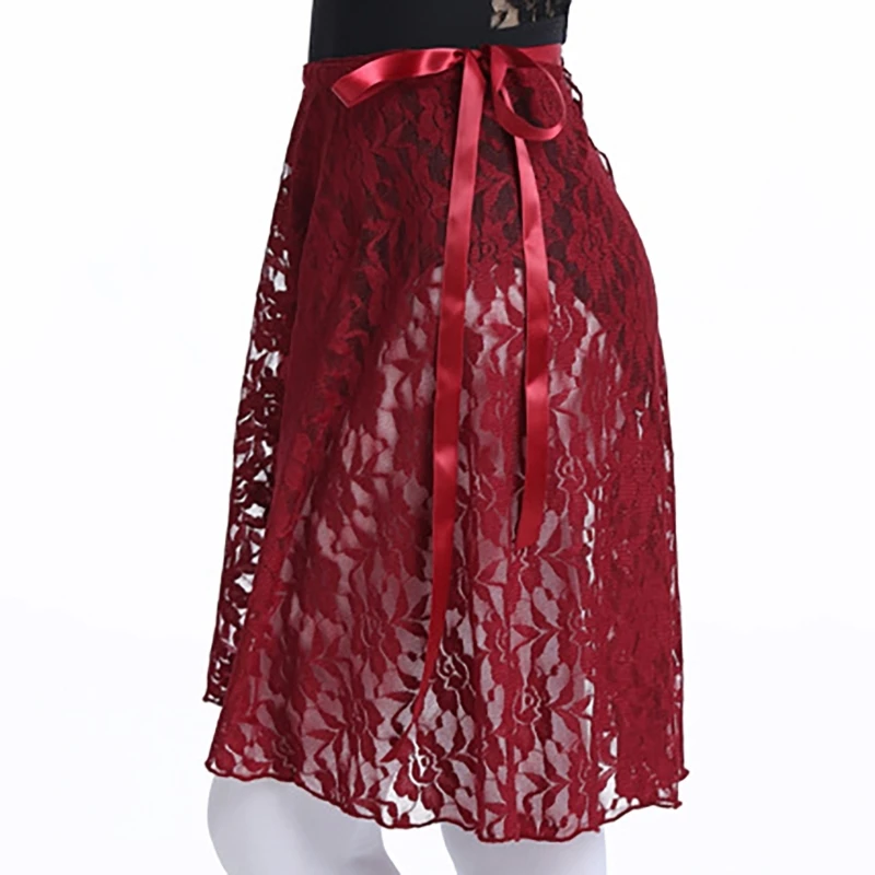 Women Ballet Sheer Flower Lace Wrap Skirt Gymnastic Dance Skirt with Tie Waist 066C