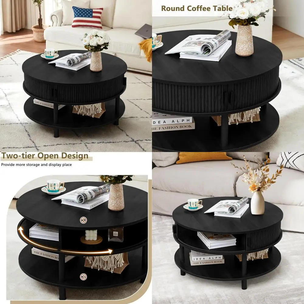 

Круглый деревянный журнальный столик с откидными и раздвижными дверями, рифленый акцент для обеденной зоны