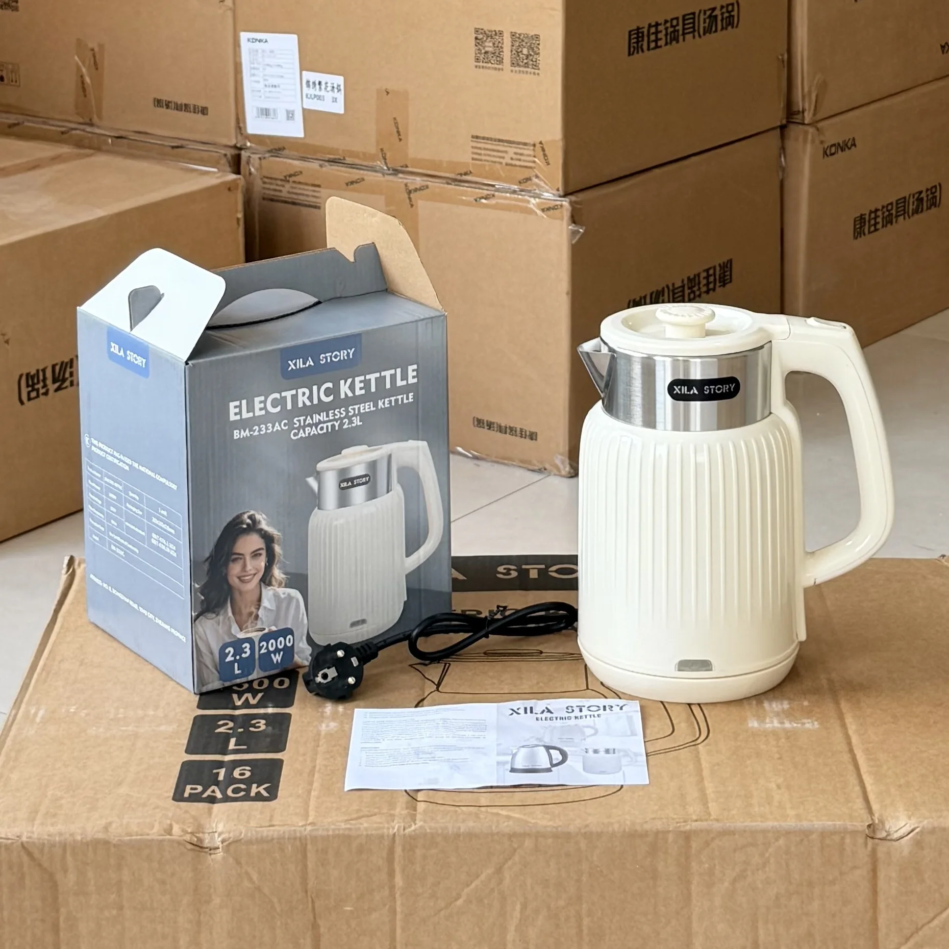 Large Capacity Household Electric Kettle with EU Plug Stainless Steel Auto Shut-Off Water Boiler for Home Use