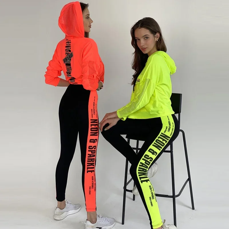 

Oshoplive Female Fashion Contrast Color Iridescent Patchwork Mesh Hoodies&leggings Suits Sports Running Sportswear 2023 New