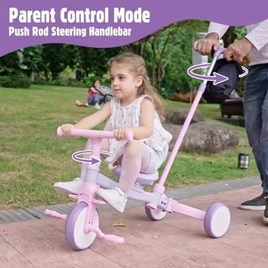 Triciclo infantil 5 em 1 com alça de direção para 1-4 anos, pedais removíveis, rosa, primeiro brinquedo de equitação, presente de aniversário para gi