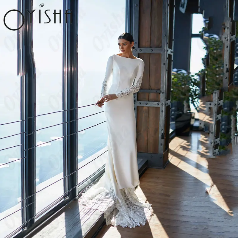 OYISHA colher mangas compridas vestidos de casamento elegante cetim sereia renda vestidos nupciais para mulher apliques simples vestido de mariagesOYISHA Scoop mangas compridas Vestidos de casamento Elegante Cetim Sere