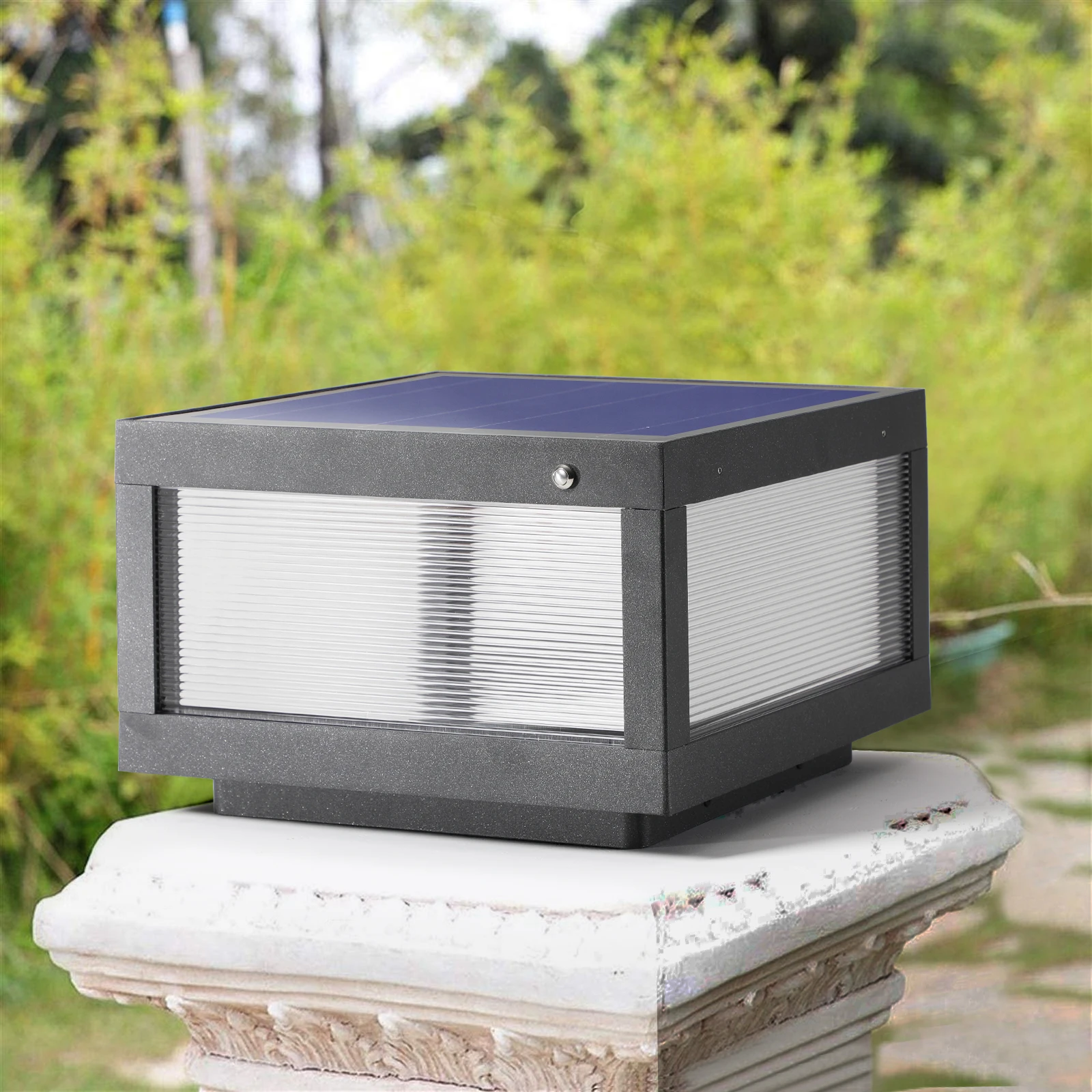 Contemporary Outdoor Square Pillar Light, Waterproof LED Garden Lamp with Grid-Patterned Glass, Durable Aluminum Landscape Post