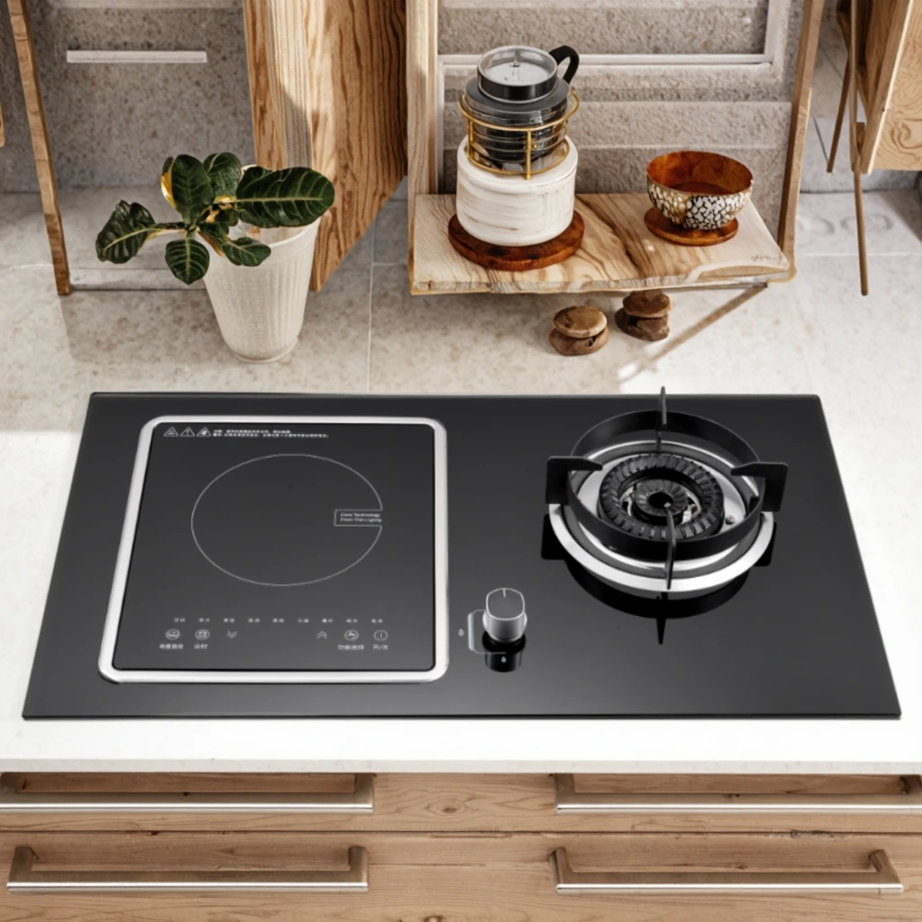 موقد كومبو ذكي بشعلانين - سطح مدمج للغاز والطاولة، تحكم إلكتروني بتصميم صيني للمطبخ المنزلي