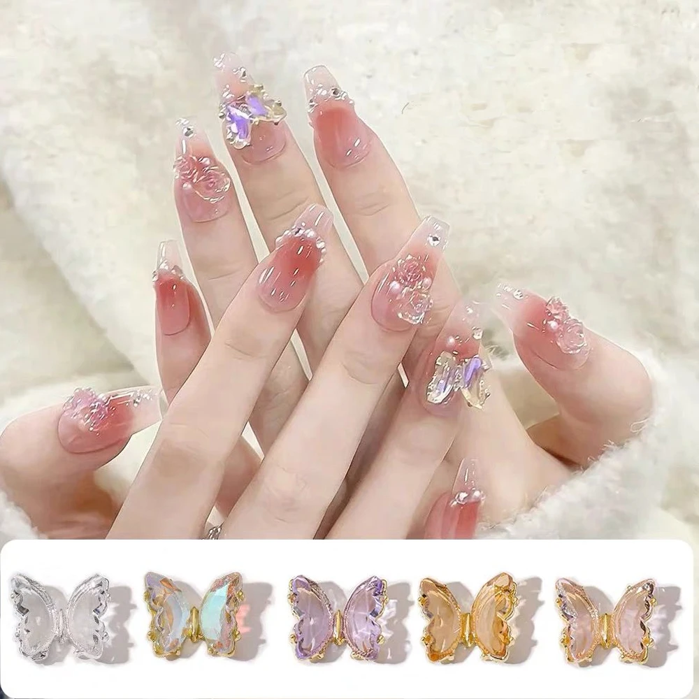 10pcs Aurora Fantasy Butterfly Nail Art Charms 3D Luxury Gold Border Crystal Butterflies DIY Rhinestones For Nail Decoration