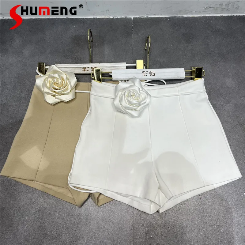 

Three-Dimensional Flower Casual Shorts Women's 2024 Spring Summer New Shorts High Waist Slim Sheath Sexy Solid Color Short Pants