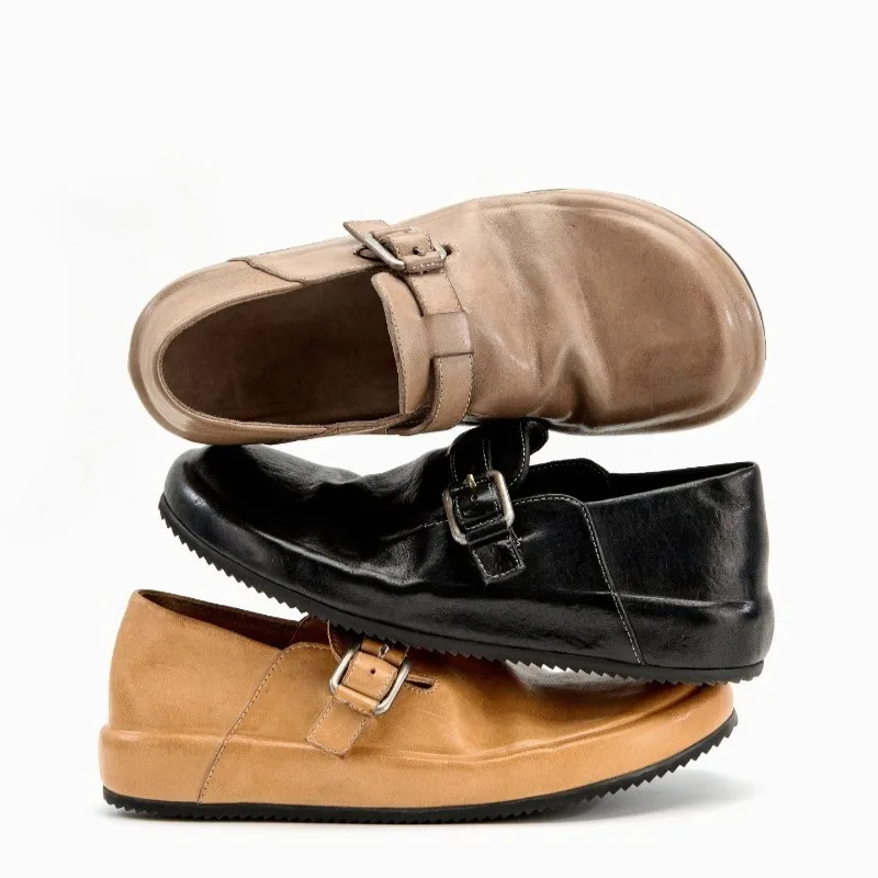 Handmade Summer Washed Vintage Breathable Slip on Loafers Men's Casual Leather Shoes Male Outdoor Sport Thick Sole Oxfords
