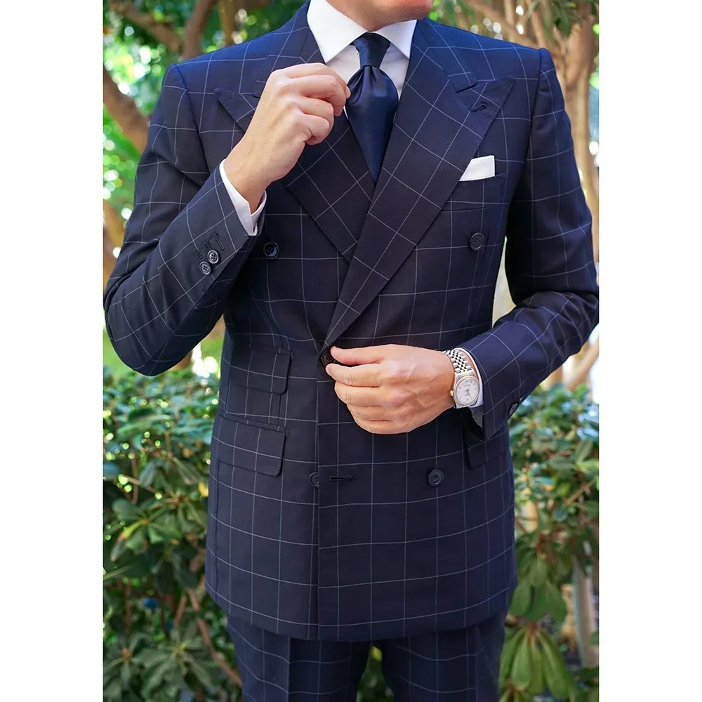 

Elegant Men's Suits Navy Blue Plaid Pattern Double Breasted Peak Lapel Formal Full Set for Wedding 2024 2 Piece Jacket Pants