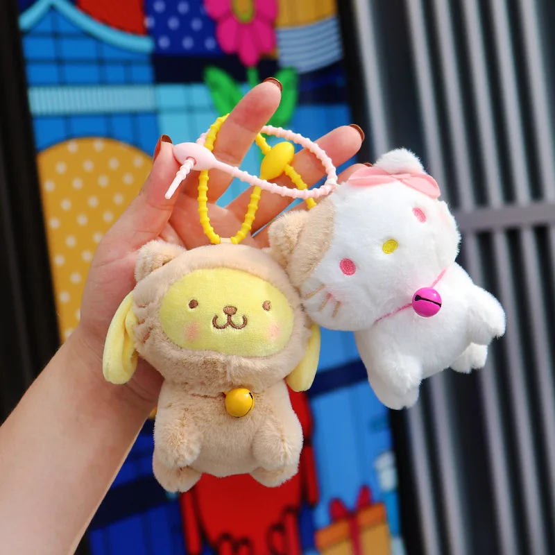 Sanrio Cat Plush Toys Keychain Kuromi Cinnamoroll Pendant Cute Girl Decortoy Stuffed Outdoor Fun Toys For Kids Christmas Gift