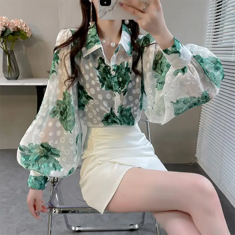 Fashion Lapel Button Printed Lantern Sleeve Shirt Women Clothing 2022 New Oversized Loose Casual Tops All-match Commute Blouse