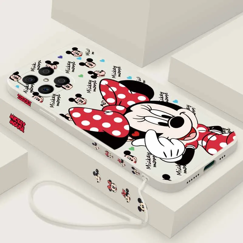 Funda de silicona líquida con cuerda para Xiaomi Mi 15 15T 14 14T 13 12 11 POCO X7 M7 F7 F8, diseño Disney Minnie Mickey