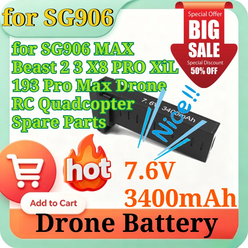 7.6V 3400mAh HV Li- Polymer Replacement Battery for SG906 MAX Beast 2 3 X8 PRO XiL 193 Pro Max Drone RC Quadcopter Spare Parts