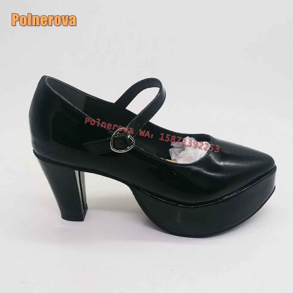 Black Heart-Shaped Buckle Platform Mary Jane Pumps Pointed Toe Block Heels Shallow Sweet Large Size 35-46 Women Shoes 2025 Trend