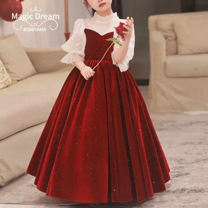 Customized Elegant Temperament Flower Girls Dress Spliced O-neck Full Sleeve Birthday Party Robe Slim Ball Gown Princess Sequin