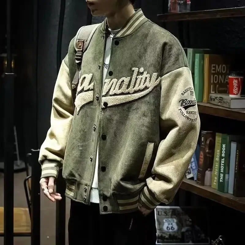 New American - Style Suede Baseball Jackets for Men, Retro Embroidered Loose - Fitting Flight Jackets for Autumn and Winter.