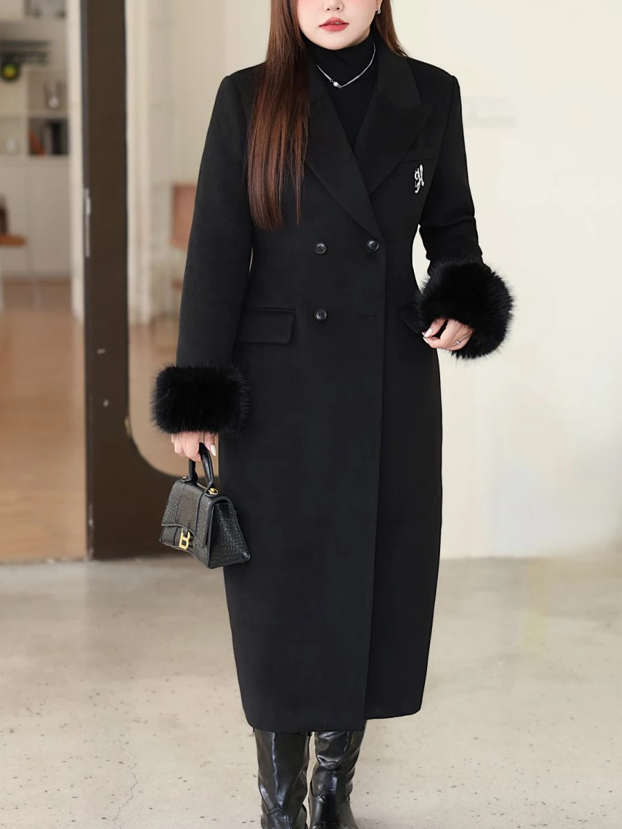 Quality Hourglass Version Slim Waist Long Coat Women XL XXL Autumn Winter Wool Blend Overcoat With Faux Fox Fur Cuffs 9055