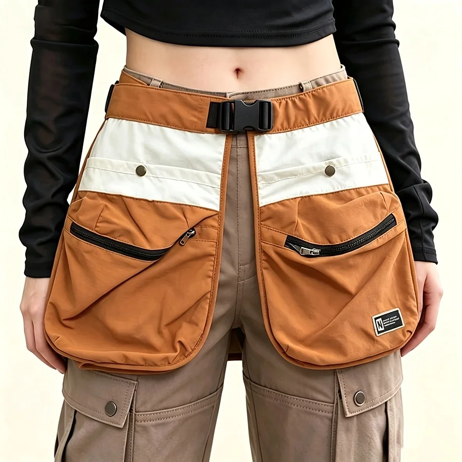 Nylon Multi-pocket Waist Pouch Color-block Utility Apron Bag Zipper Pocket Adjustable Buckle For Work Gardening Outdoor Use
