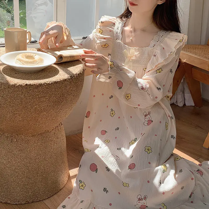 Floral Print Women Nightgown Sleepwear Square Collar Nightwear Korean Fashion Night Dress Long Sleeve Autumn One Piece Pajamas