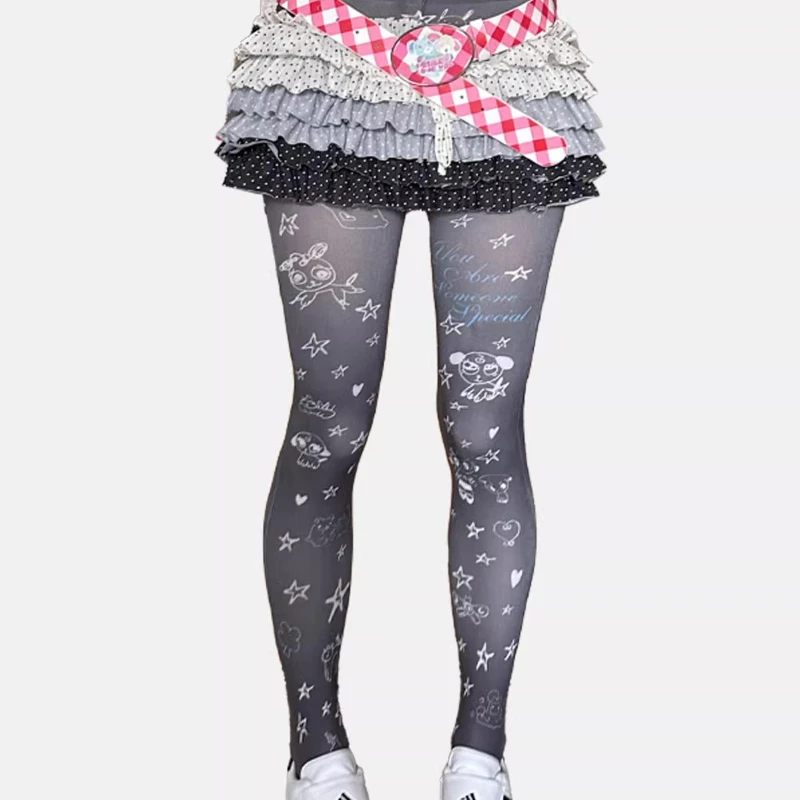 Japanese Original Design White Y2K Print Irregular Graffiti Full Print Women's Stockings Autumn New Cute Versatile Tights Ladies