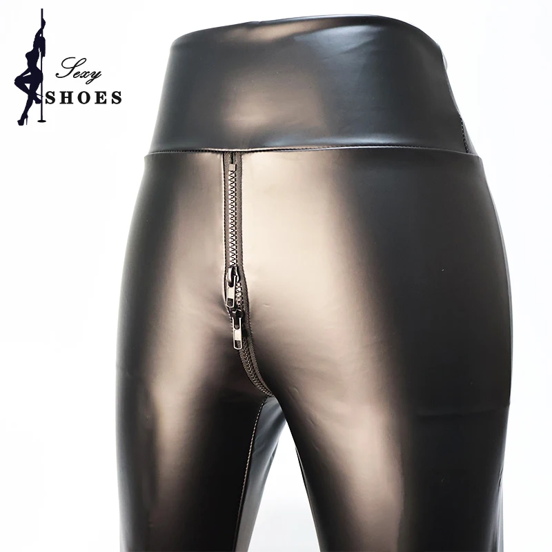 Leggings elásticos con doble cremallera para mujer, pantalones sexys de entrepierna abierta, pantalones de cuero negro mate, pantalones divertidos para club nocturno, hombres y mujeres