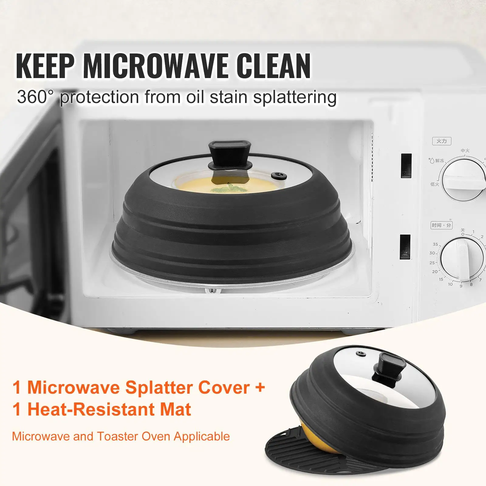 10.8 Inch Collapsible Microwave Splatter Cover and Mat 500°F Heat Resistant Silicone Lid with Tempered Glass Guard Handle for food for plate and Dish Kitchen Gadget