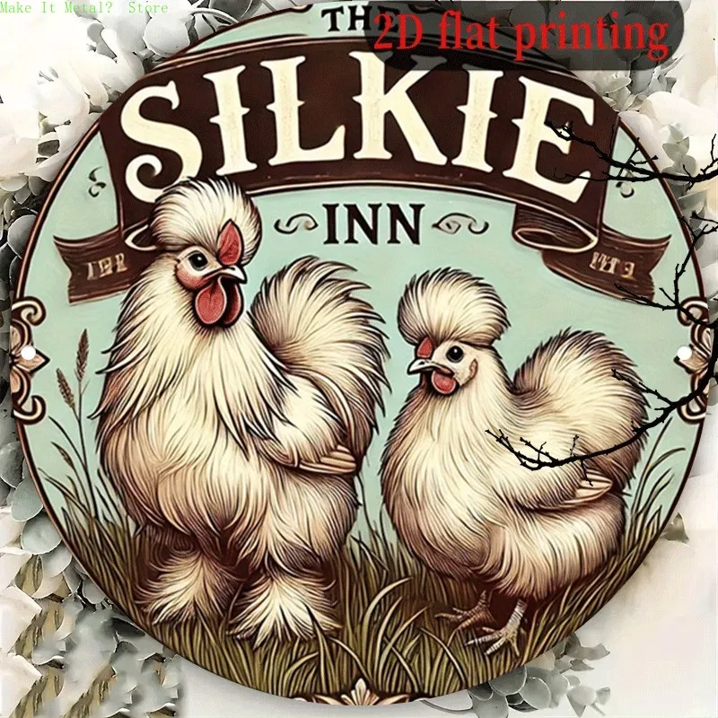 Vintage The Silkie Inn Round Tin Sign, 2D Flat Printing Chicken Themed Metal Wall Plaque, Farmhouse Decor for Kitchen, Bar, Home