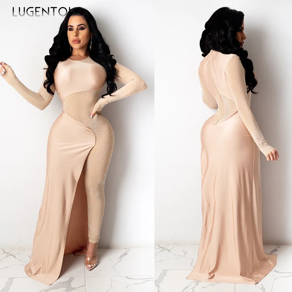 Luksusowy damski kombinezon z długim rękawem przezroczysta siateczka Patchwork Skinny Night Party Club Romper urodziny seksowne kombinezony z kryształkami