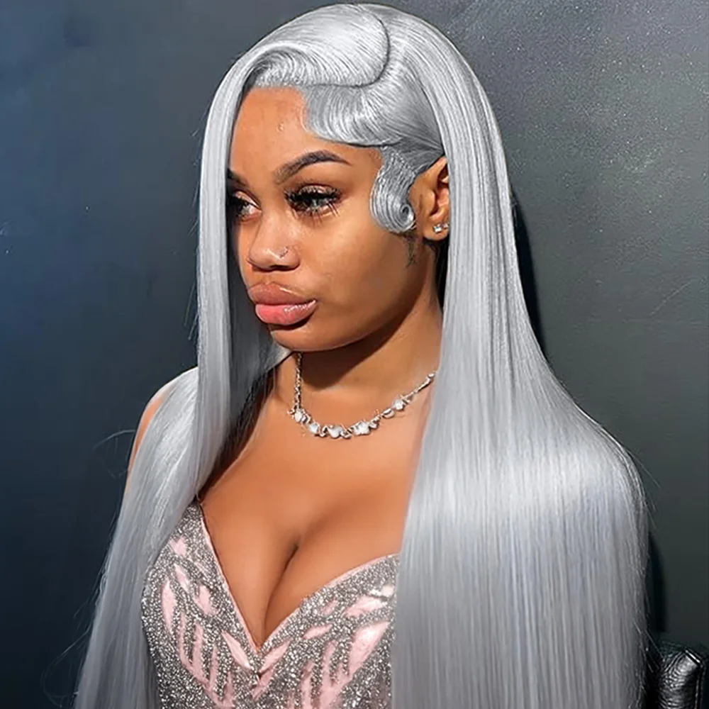 

Серебристо-серый прямой парик из натуральных волос на кружеве, 30 дюймов, цветной HD, прозрачный, 13x6, кружевной фронтальный парик для женщин, предварительно сорванный, 250%