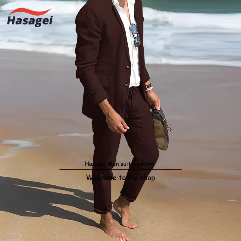 Beige Linen Men Suit Set Summer Groom Groomsmen Wedding Beach Tuxedo Fashion Casual Blazer Pants 2Pcs