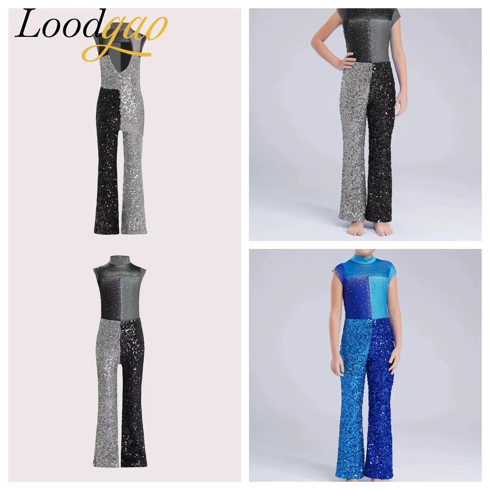 Children Sequins Jumpsuit Color Block Dancewear Jazz Dance Costume for Girls Kids GlitteryBodysuit Streetwear Street Clothes