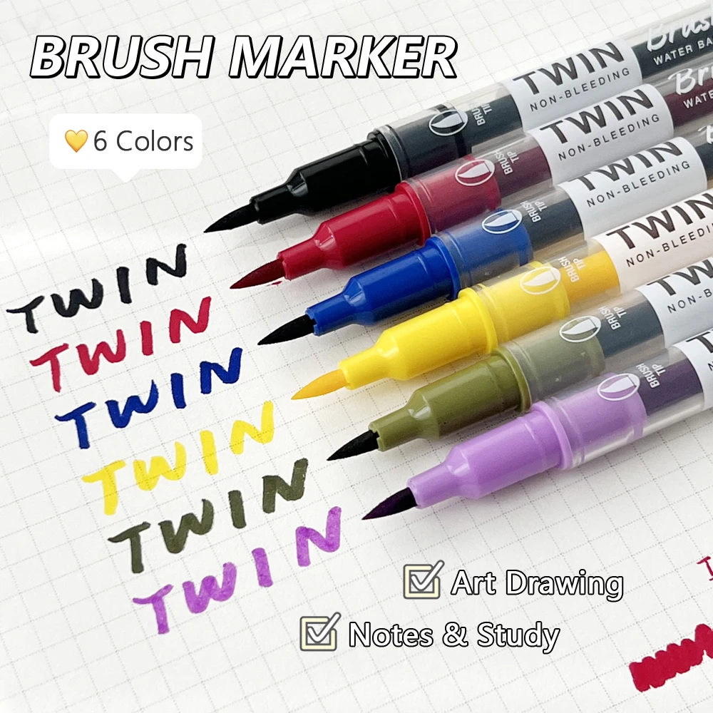 6 Farben ​ Doppelköpfige Marker mit weicher Spitze. Bunte Journal-Pinsel-Textmarker mit zwei Spitzen für Studiennotizen ​   Zeichnen von Kalligraphie